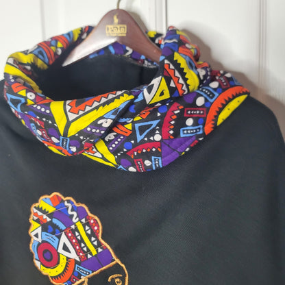 Afrocentric Cowl Neck Poncho Graphic Cape Ankara Trim Black Boho Cozy DrapeCore