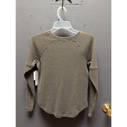 Sweet Romeo thermal waffle knit SMALL petite forest long sleeve round hem top