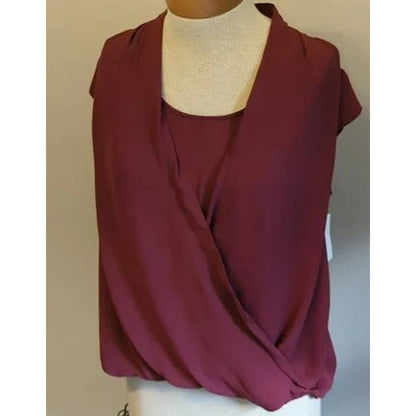 Halogen Draped Surplice Cami Insert Pullover Blouse XL Burgundy NWT FAUX WRAP