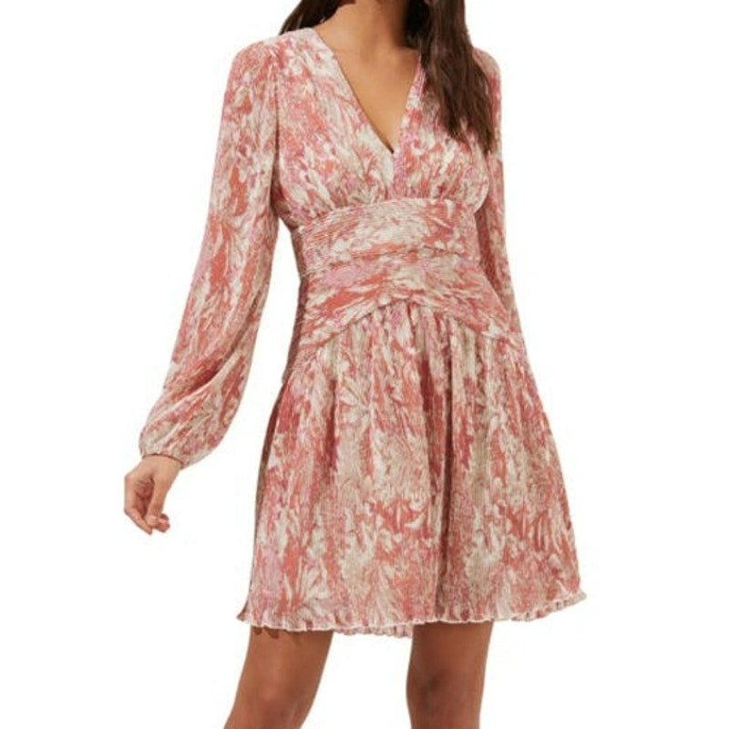 ASTR V-Neck Plisse Wrap Mini Dress Size Small in Coral Floral NWT