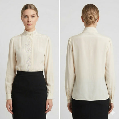 Lloyd Williams Vintage Silk Cream Blouse Floral Embroidered Romantic Cottage 6