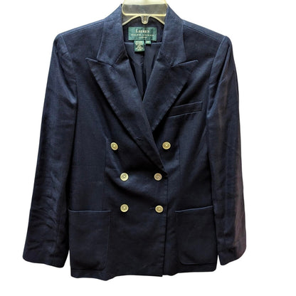Lauren Ralph Lauren Linen Blazer Navy Double Breasted Gold Button 10P Preppy