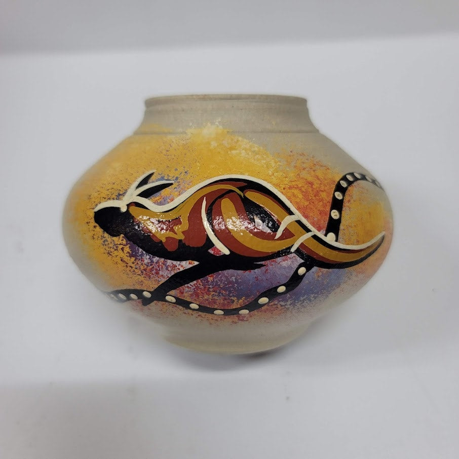 Australia Aboriginal Art Pottery Vase, Kangaroo Signed LB Small mini Vintage