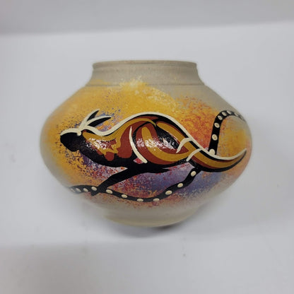 Australia Aboriginal Art Pottery Vase, Kangaroo Signed LB Small mini Vintage