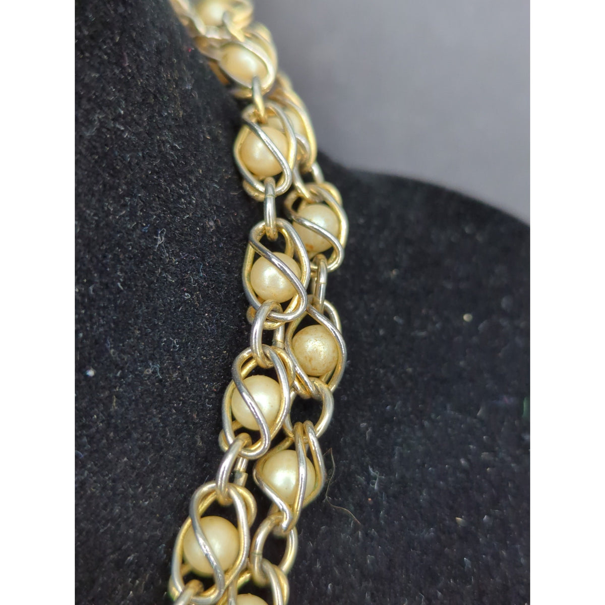 Vintage Gold Caged Faux Pearl Chunky Woven Chain Link Statement Collar Necklace