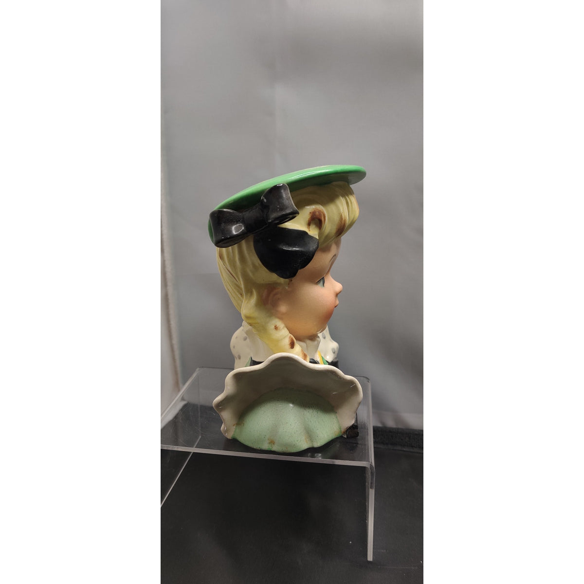 Vintage 1950s Blonde Lady Head Vase Planter Green Hat Polka Dot Bow Kitsch MCM