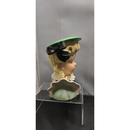 Vintage 1950s Blonde Lady Head Vase Planter Green Hat Polka Dot Bow Kitsch MCM