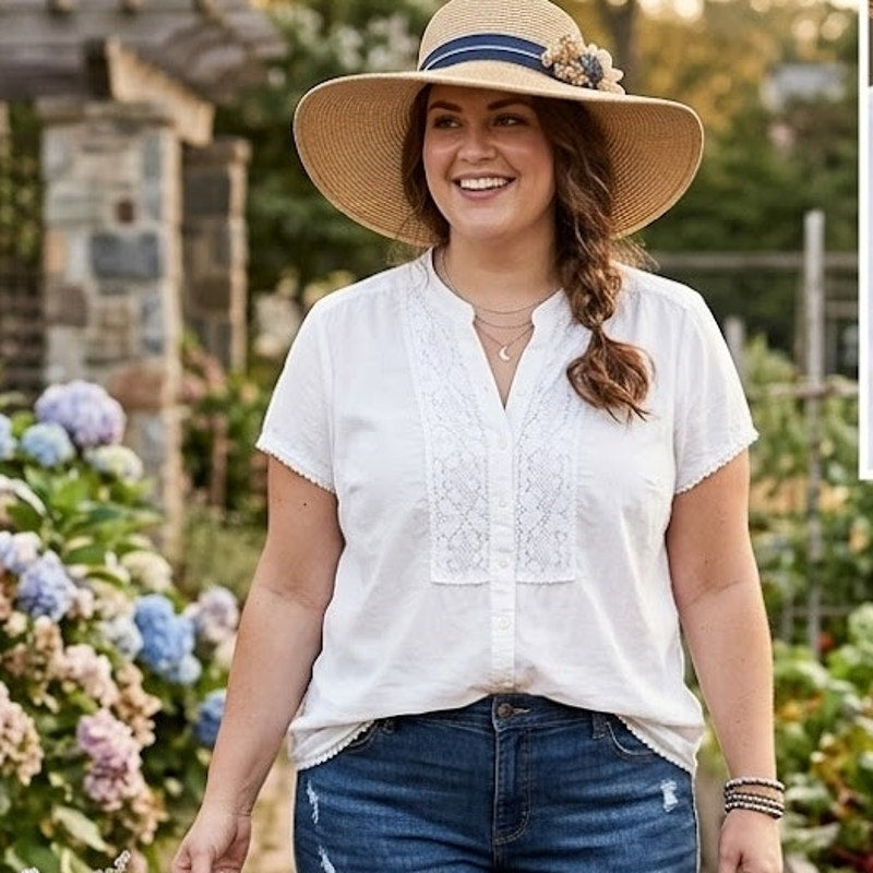 Style & Co. Size 18W womens white pintuck blouse lace detail Career Casual