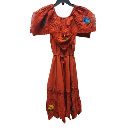 Red Mexican Pueblo Off Shoulder Embroidered Dress Medium Flower Elastic Waist