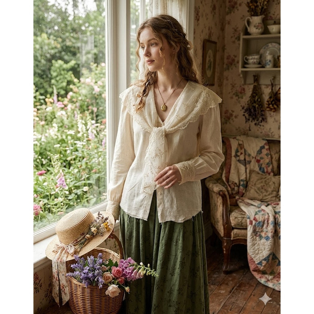 Le Chine Classic 10 Linen Lace Bib Victorian Blouse Cream Raw Hem boho Prairie