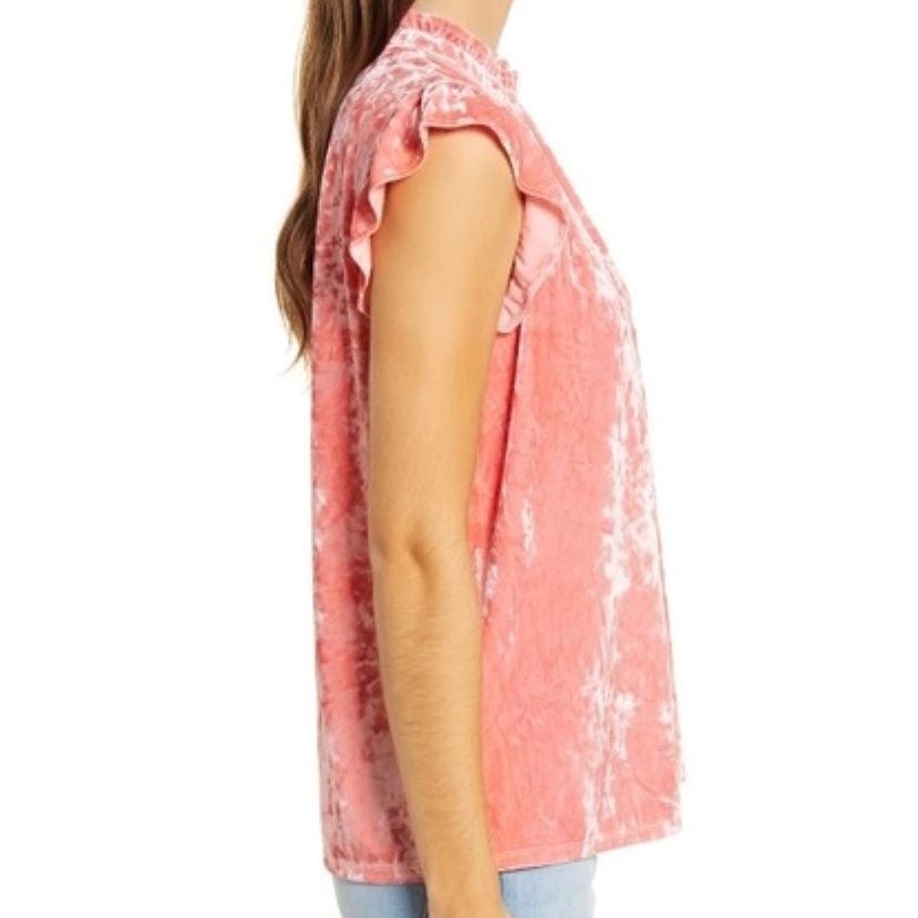 Gibsonlook Flutter Sleeve Ruffle Neck Crushed Velvet Top Sz Small in Coral NWT