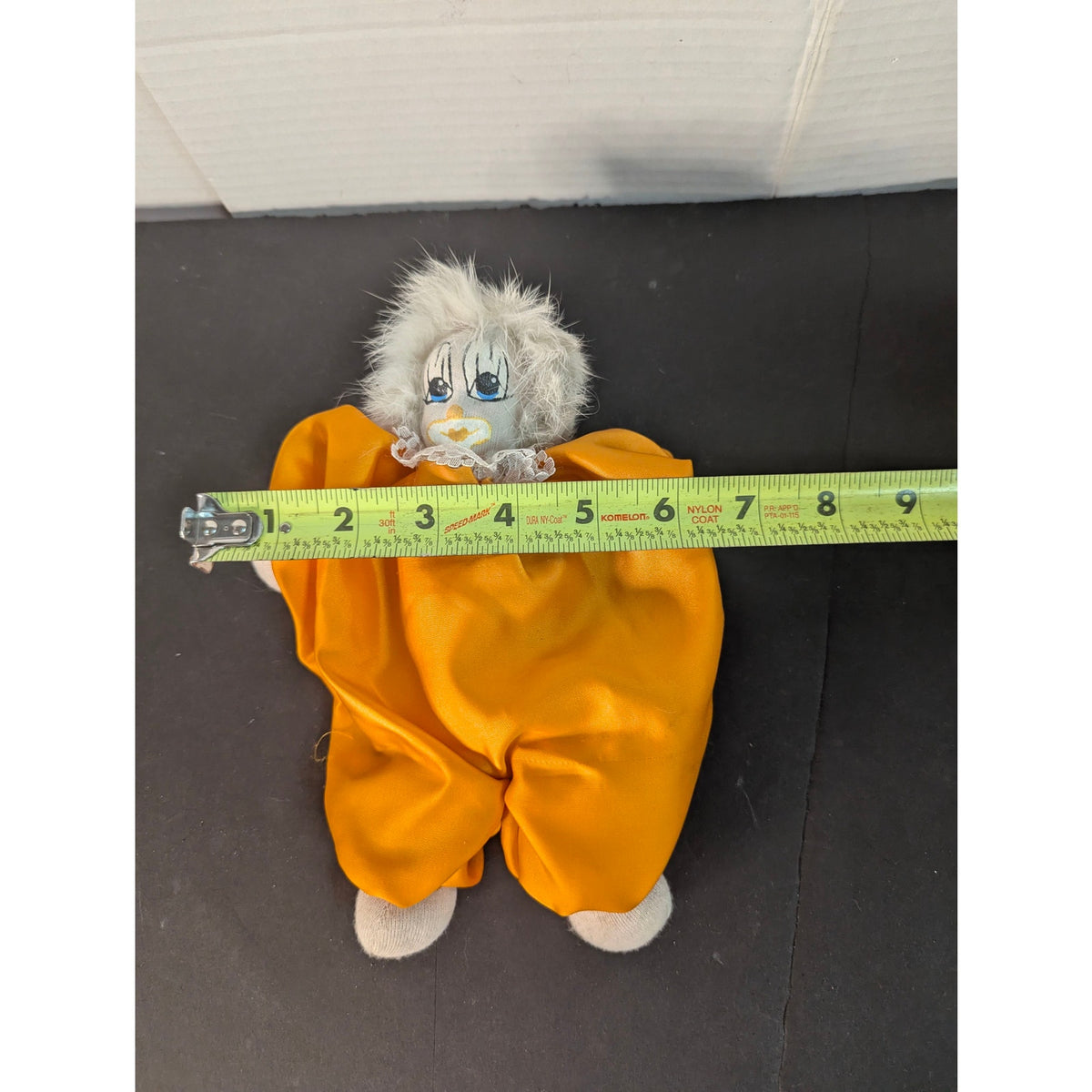 Vintage Porcelain Clown Doll Yellow Satin Jumpsuit White Faux Fur Hair