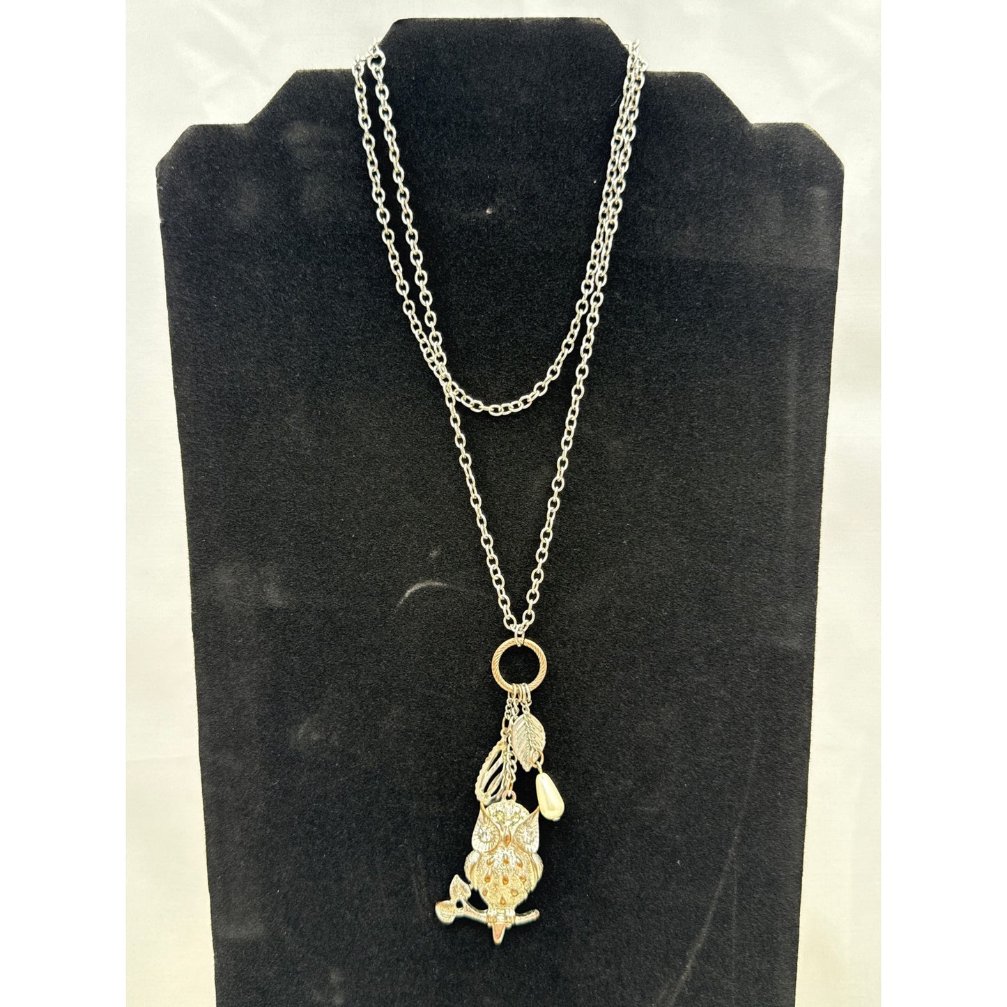 Vintage 36 Inch Mixed Metal Owl Statement Necklace with Pearl & Leaf