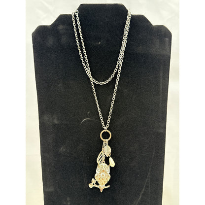 Vintage 36 Inch Mixed Metal Owl Statement Necklace with Pearl & Leaf
