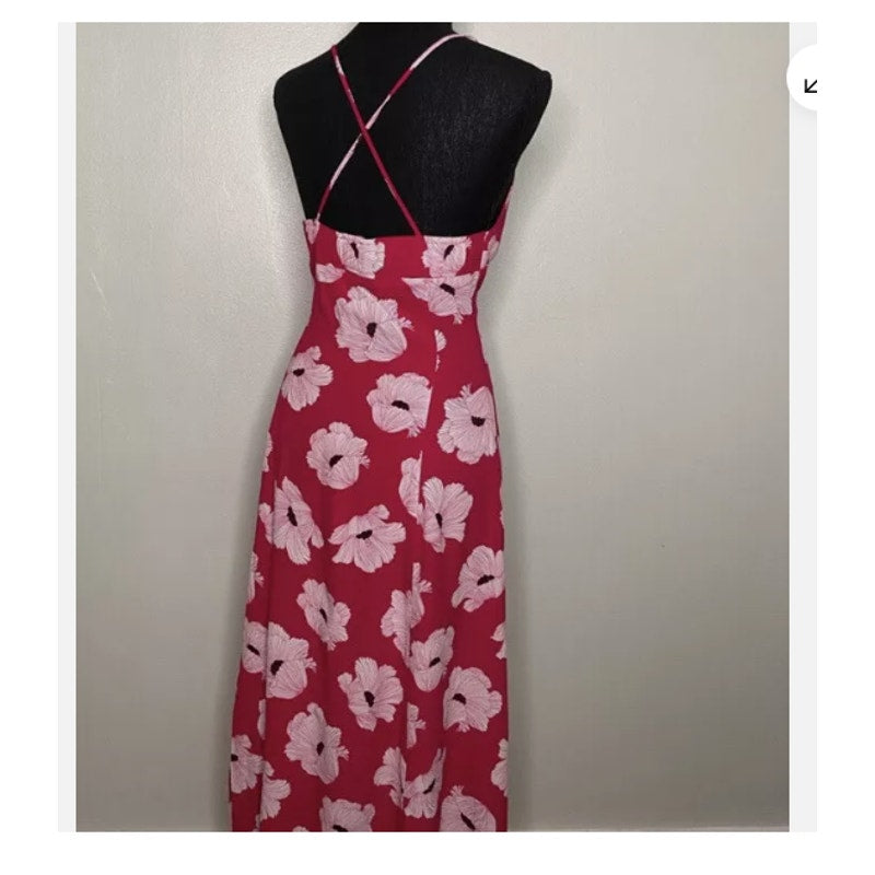 LEITH Cami Maxi Dress In Red Beetroot Linear Floral XXS NEW Summer Poppies
