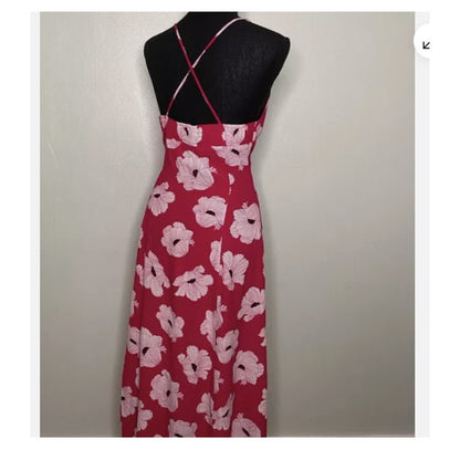 LEITH Cami Maxi Dress In Red Beetroot Linear Floral XXS NEW Summer Poppies
