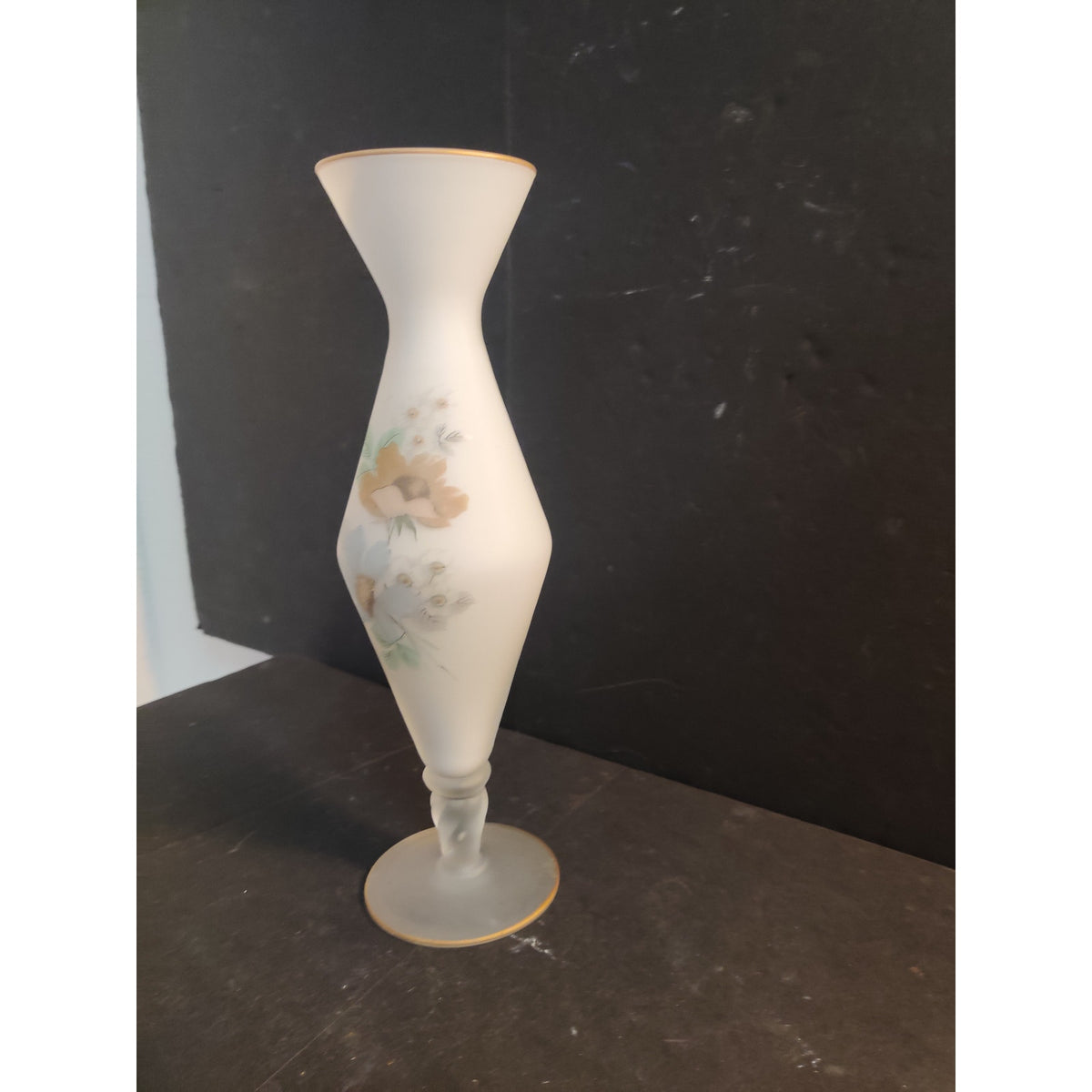 Vintage Frosted Satin Glass Hand Painted Floral Bud Vase Gold Trim