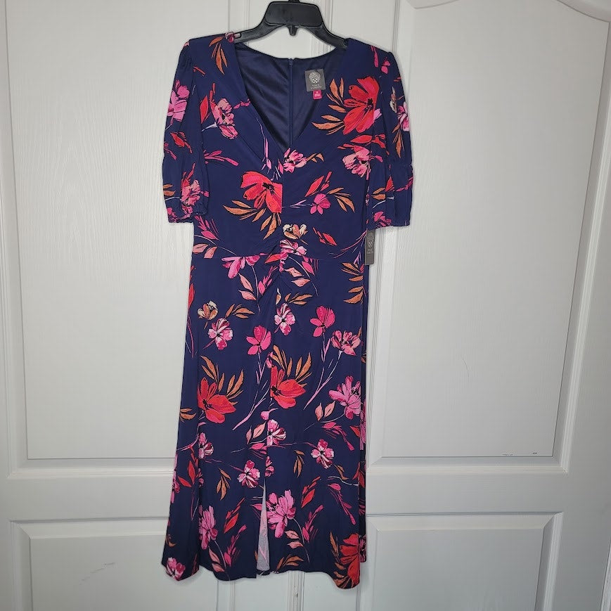 Vince Camuto Floral Blue Midi Dress Size 12 NEW $178  1/2 Sleeve Casual Career