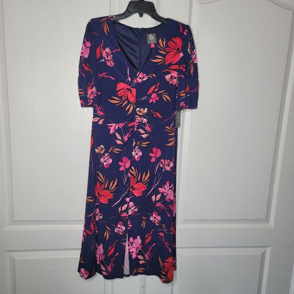 Vince Camuto Floral Blue Midi Dress Size 12 NEW $178  1/2 Sleeve Casual Career