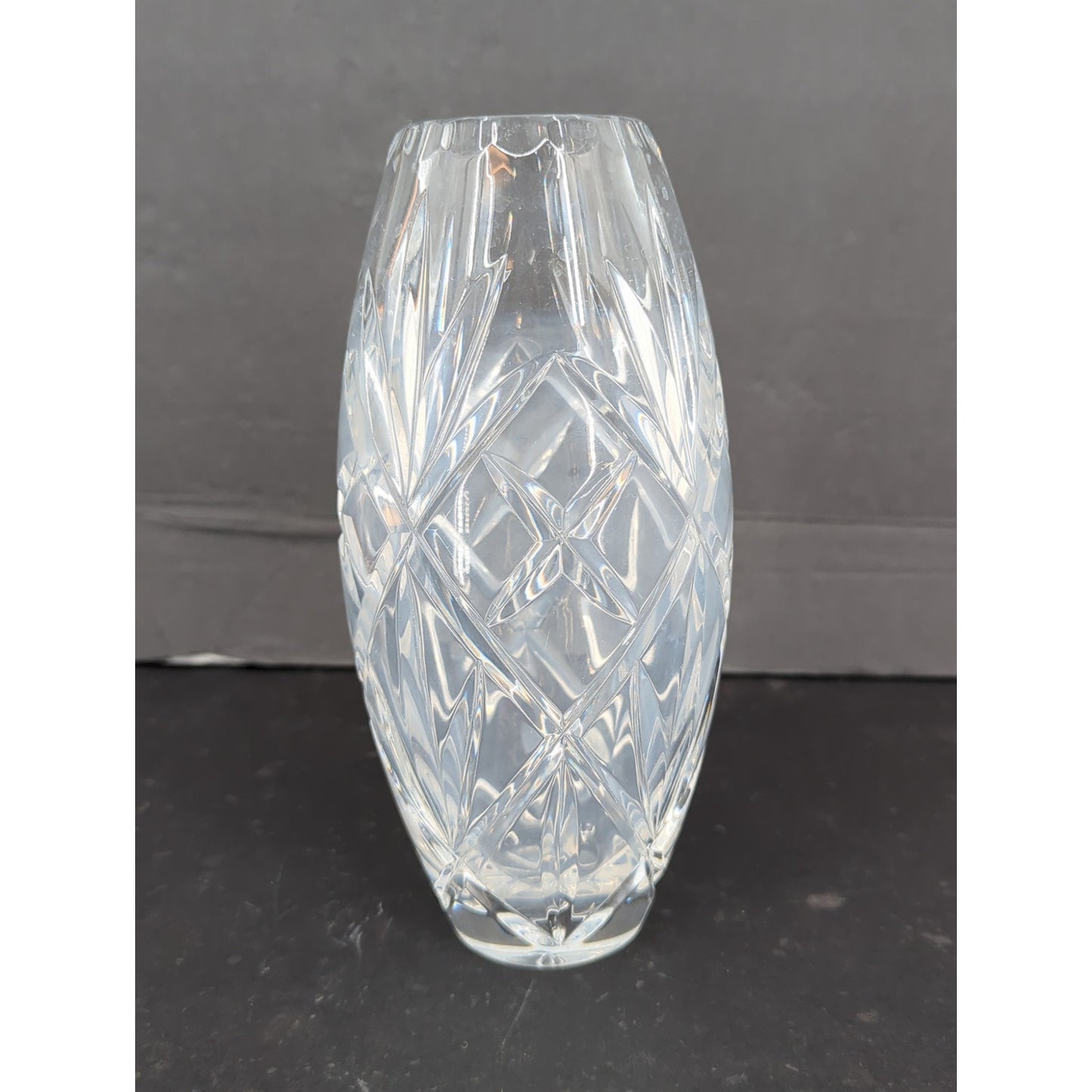 Vintage Crystal Cut Glass Flower Vase Oval Barrel Shape Diamond Pattern 8"