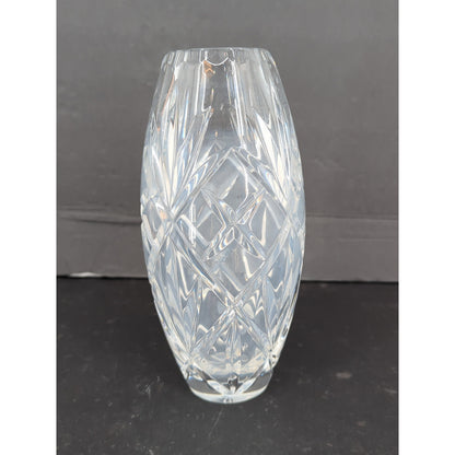 Vintage Crystal Cut Glass Flower Vase Oval Barrel Shape Diamond Pattern 8"
