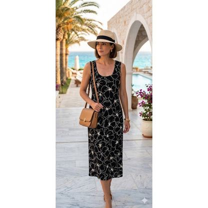 Liz Claiborne Black White Floral Cotton Sleeveless Midi Sheath Dress Small