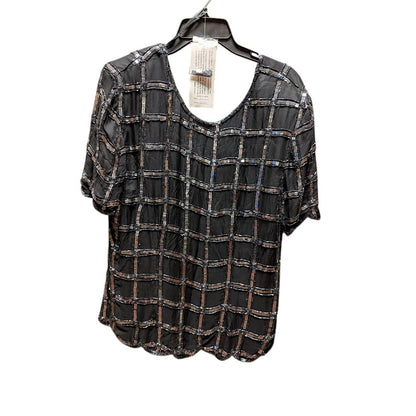 Vintage SCALA Evening black sequin formal top scallop hem 80s XL Handstitch SILK