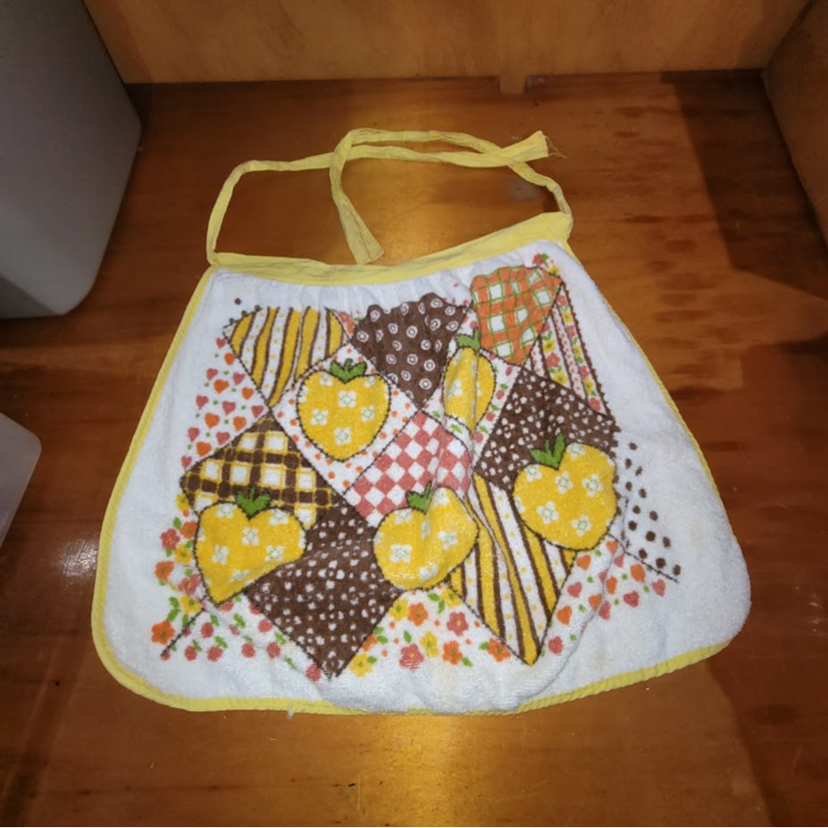Vintage 1970s Strawberry Patchwork Half Apron Yellow Terry Cloth Retro Kitsch