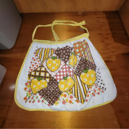 Vintage 1970s Strawberry Patchwork Half Apron Yellow Terry Cloth Retro Kitsch