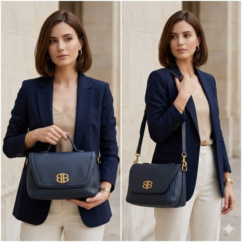 Bean Pole Top handle Shoulder Bag purse pebbled blue Leather