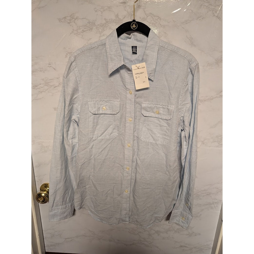 Nordstrom Medium Blue Twill Button Up Pockets Linen Blend long Sleeve top shirt