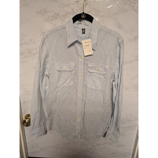 Nordstrom Medium Blue Twill Button Up Pockets Linen Blend long Sleeve top shirt