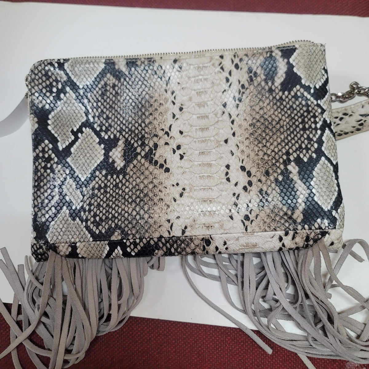 TOPSHOP BOHO Faux snakeskin Fringe Metal Chain Crossbody Bag clutch