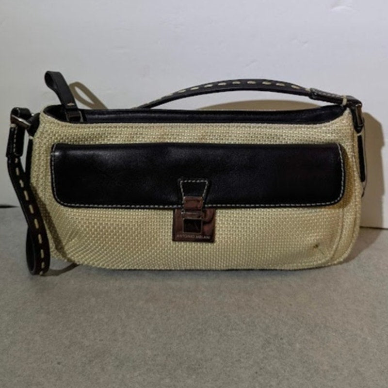 Antonio Melani Straw Leather Shoulder Bag Cream Black Baguette Vintage Style