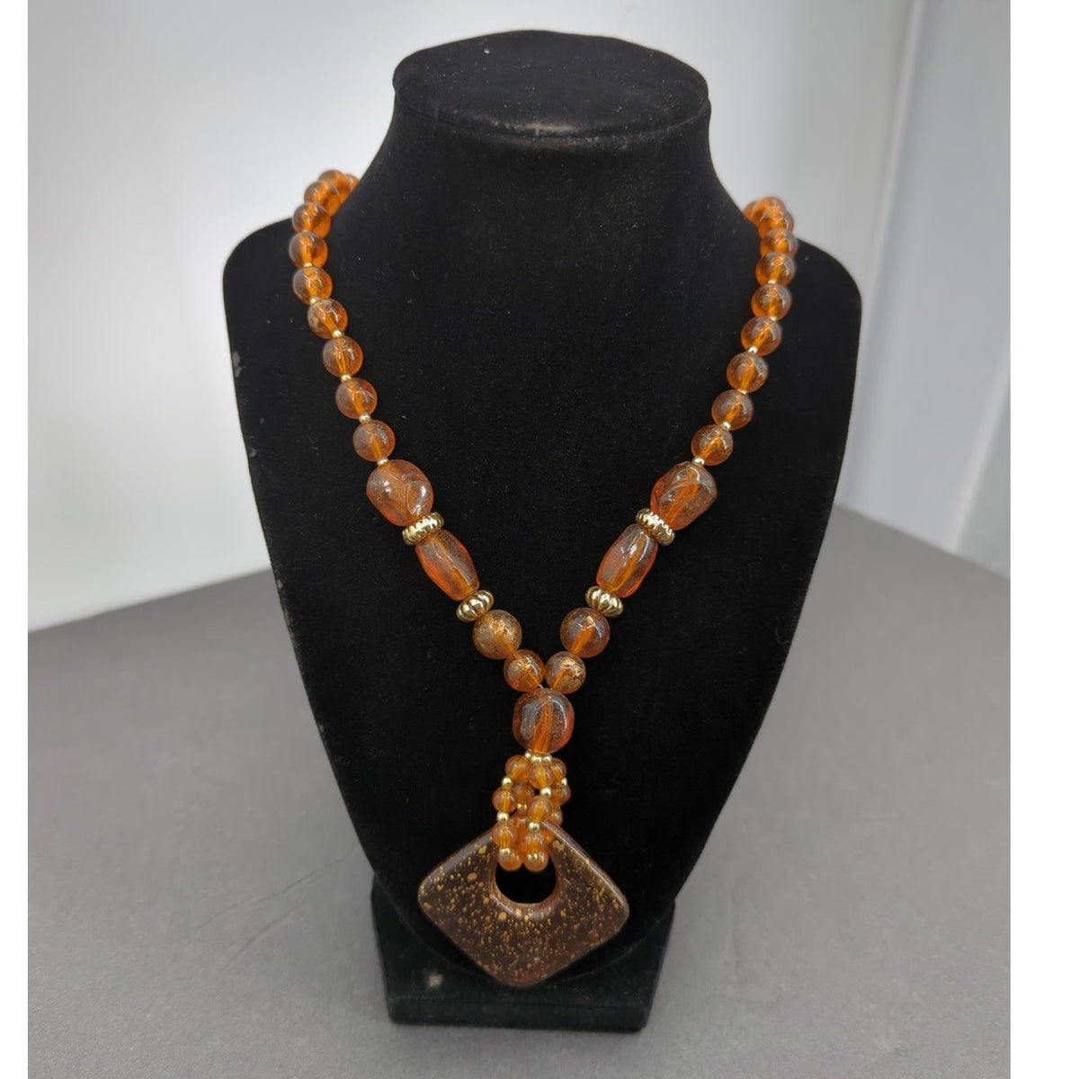 Vintage Amber Resin Diamond Pendant Necklace with Gold-Flecked Detail