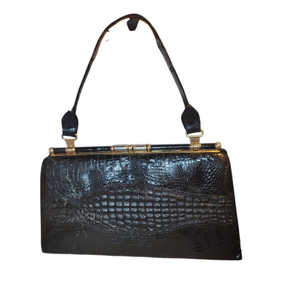 Vintage Genuine Crocodile Skin Hide handbag purse Black gold hardware