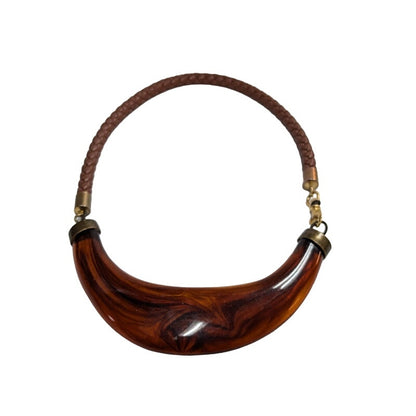 Vintage Statement Faux Tortoise Shell Crescent Choker Braided Leather Strap Y2K