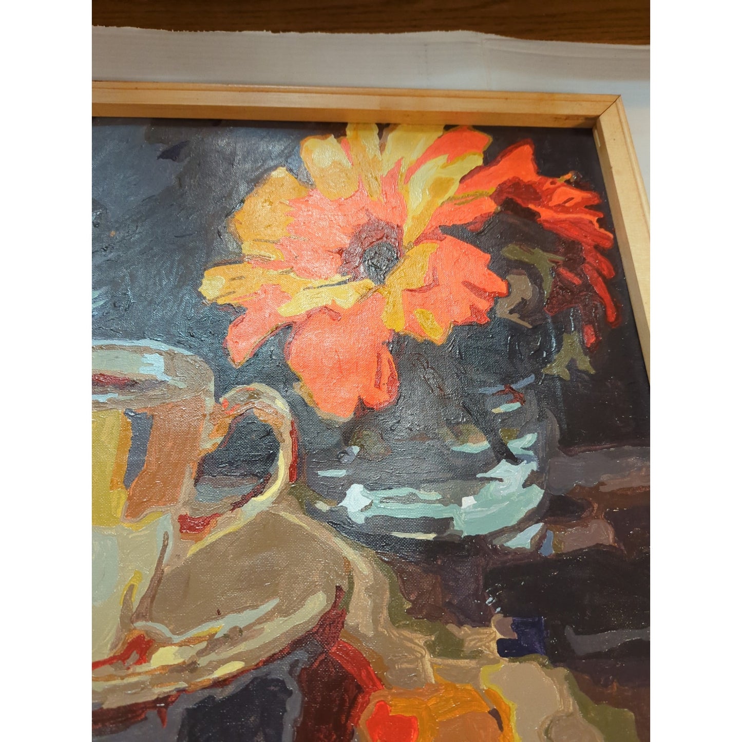 20" x 24" Vintage FAUVISM MCM Coffee Cup Floral Still Life Oil Painting Frame