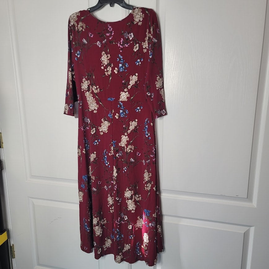 NEW West Kei Burgundy Floral Midi Dress LARGE Hi Low Hem Asymmetrical Collar