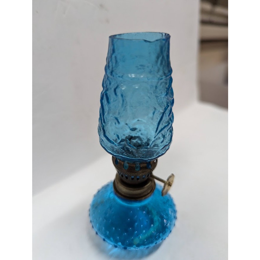 Vintage GLASS miniature oil hurricane lamp textured 1960s Flash painted BLUE 4"