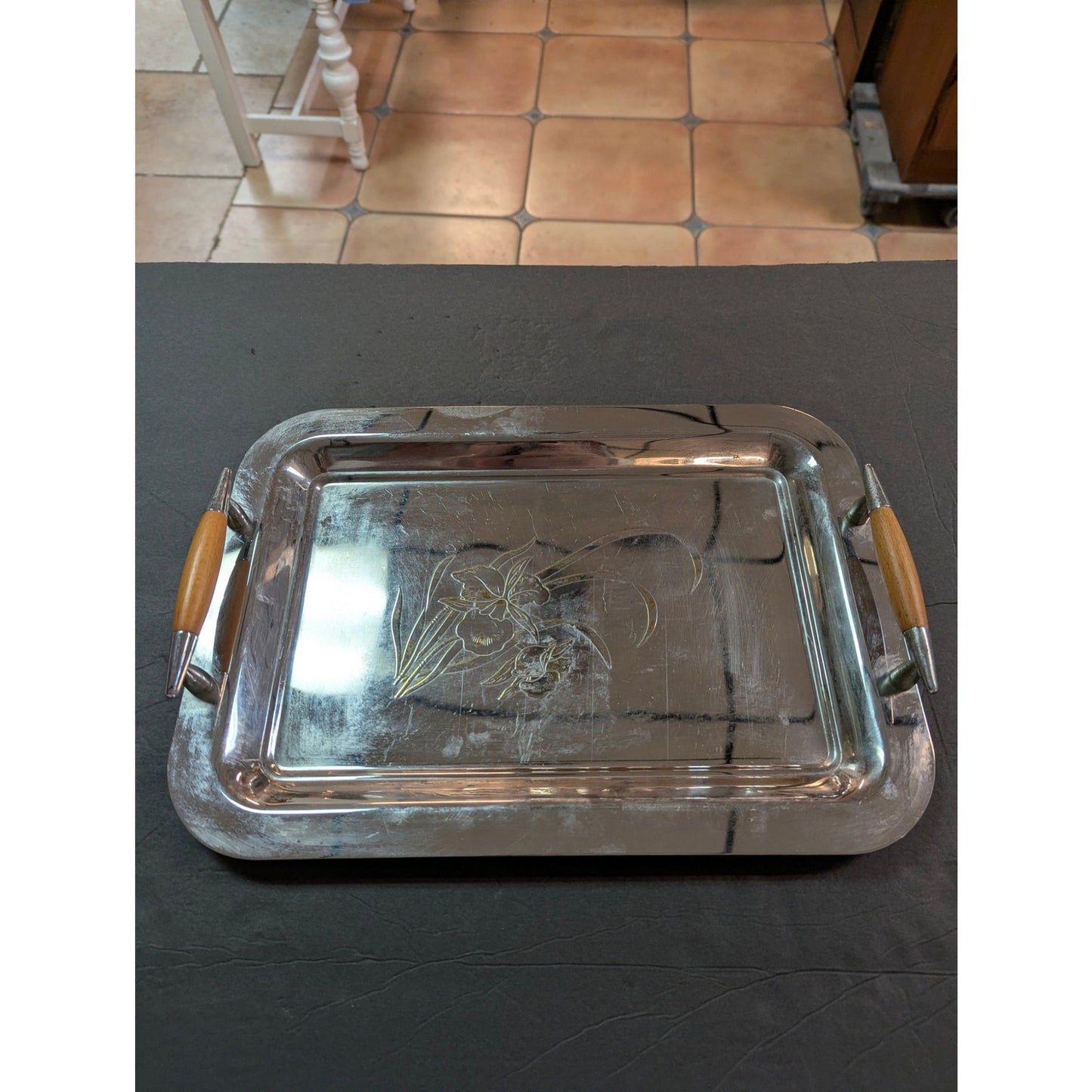 Vintage Japan Stainless Steel Serving Tray Blonde Wood Handle Etched Floral Lily