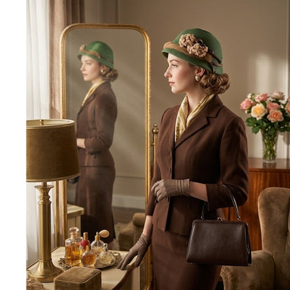 Vintage 40s 50s Forest Green Woven Cloche Bucket Hat Brown Ribbon Floral Trim