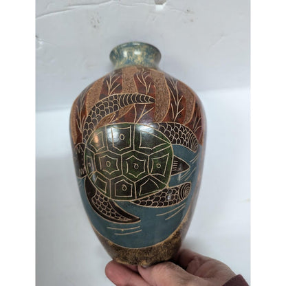 Hand Incised etched Vase Fish Turtle Clay pottery signed Cristina Amador