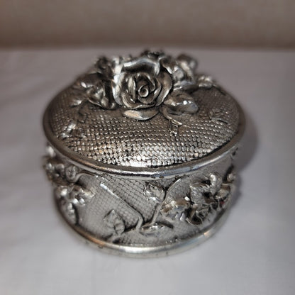 Jewelry Trinket Box Vanity Box Art Nouveau Style Resin Repousse Silvertone Lined