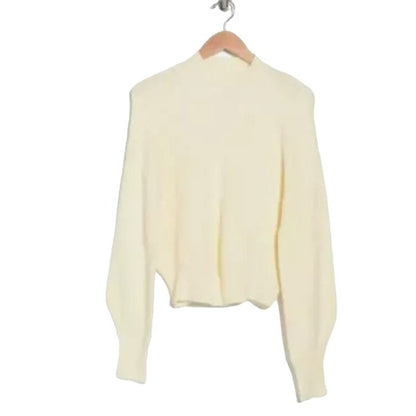 Elodie Women's Mock Neck Long Balloon Sleeve Sweater in Ivory White XL NEW