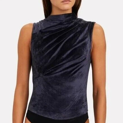 rta Julie Sleeveless Highneck Velvet Bodysuit Small NEW Faux Wrap blue $350.00