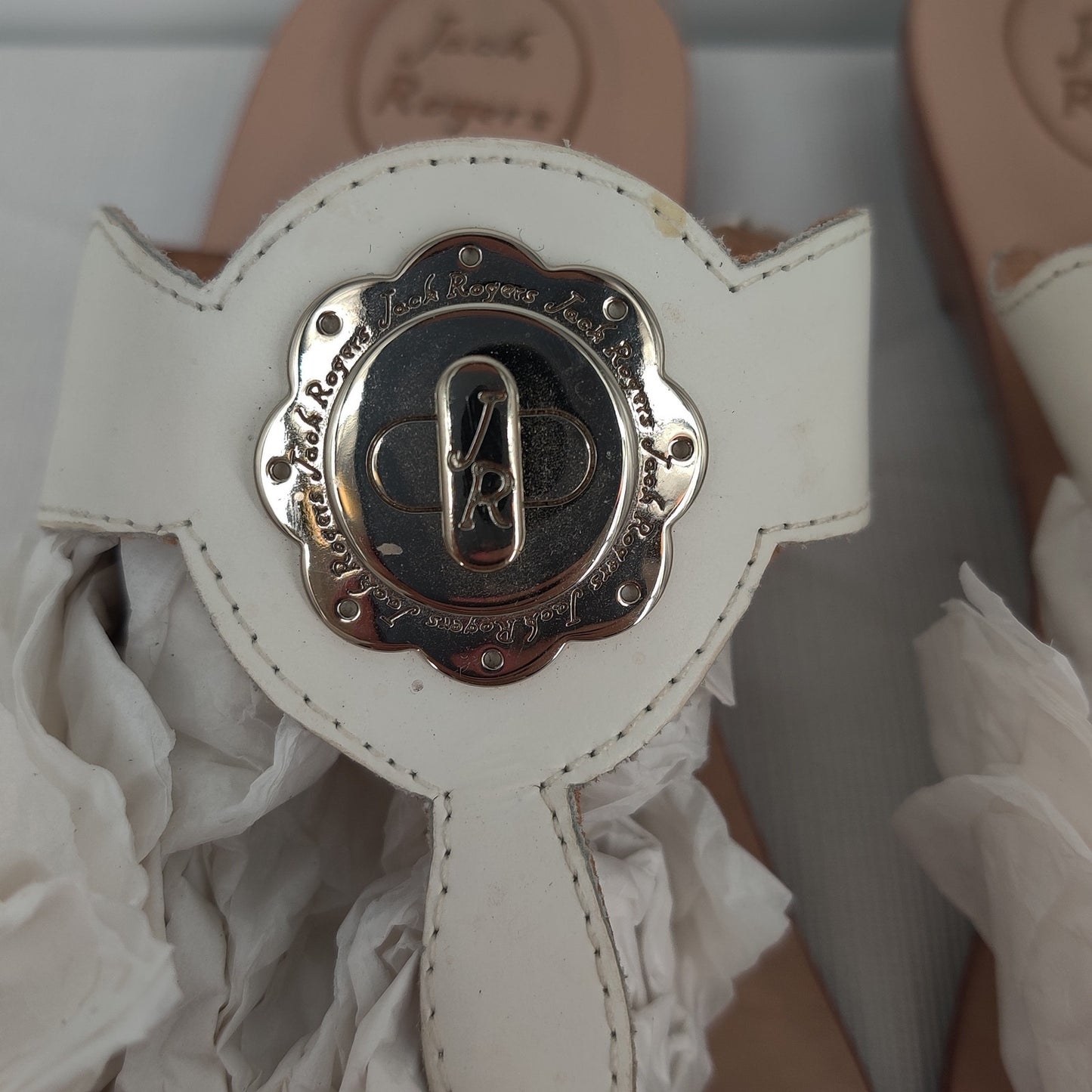 Jack Rogers White Platinum Medallion Flat Sandals Size 10 Preppy Resort