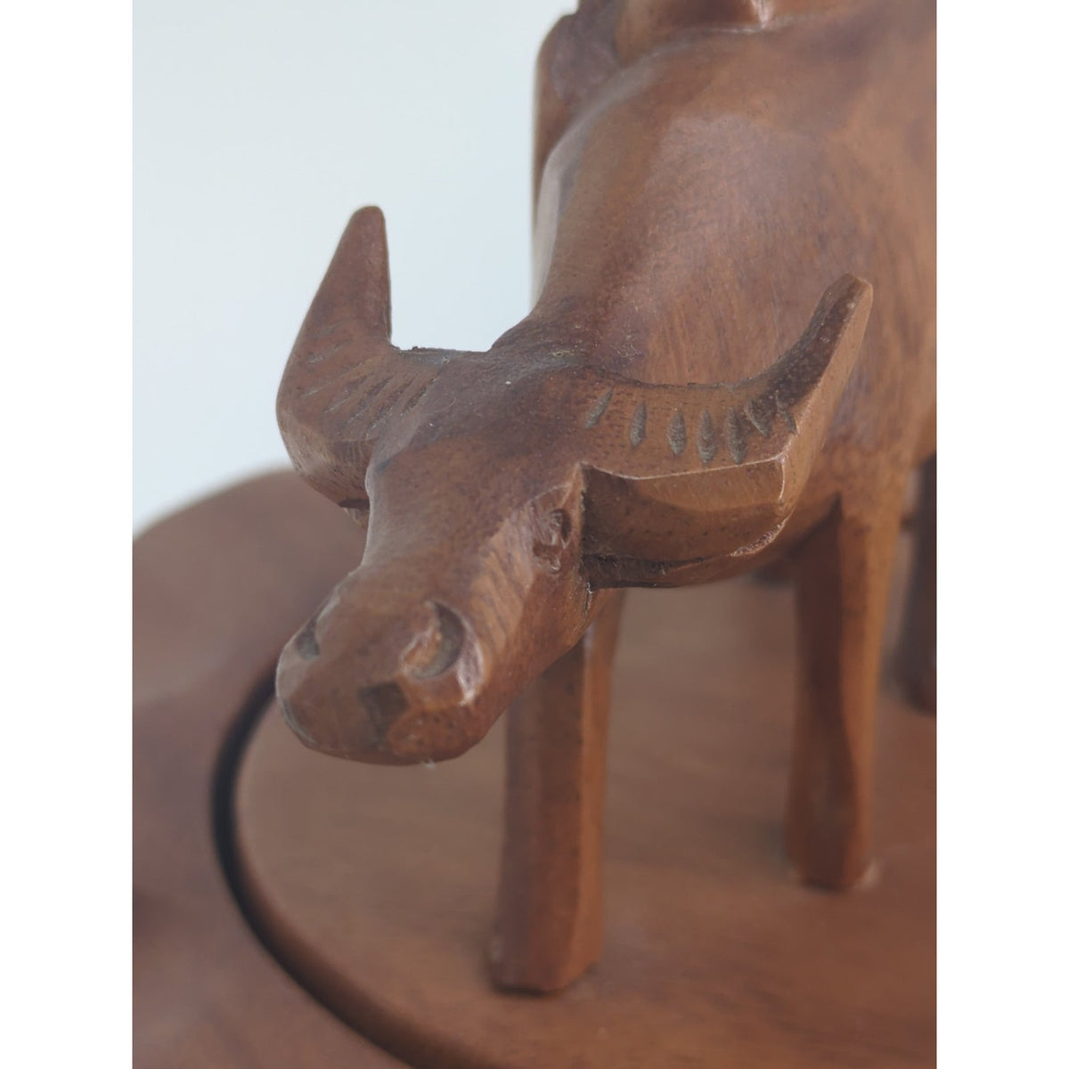 Vintage MCM Hand-Carved Wooden 3-Tiered Serving Stand with Water Buffalo Topper
