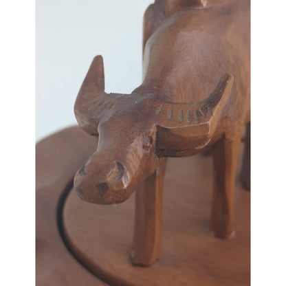 Vintage MCM Hand-Carved Wooden 3-Tiered Serving Stand with Water Buffalo Topper