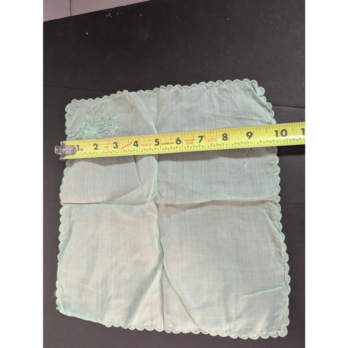 Vintage Light Green Embroidered Floral Handkerchief Scalloped Edge
